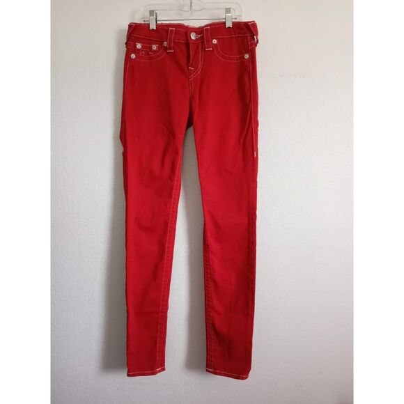 TRUE RELIGION Red Jeans Stretchy Super Skinny Low White Stitch 5 Pocket SZ 26